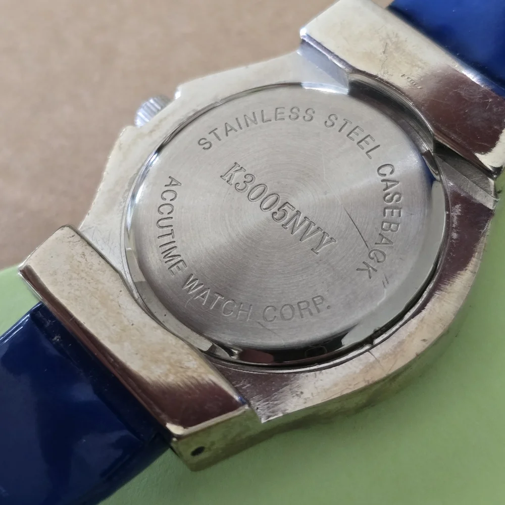 Accutime Rhinestone Ladies Silver Tone Blue Cuff Band Watch Working